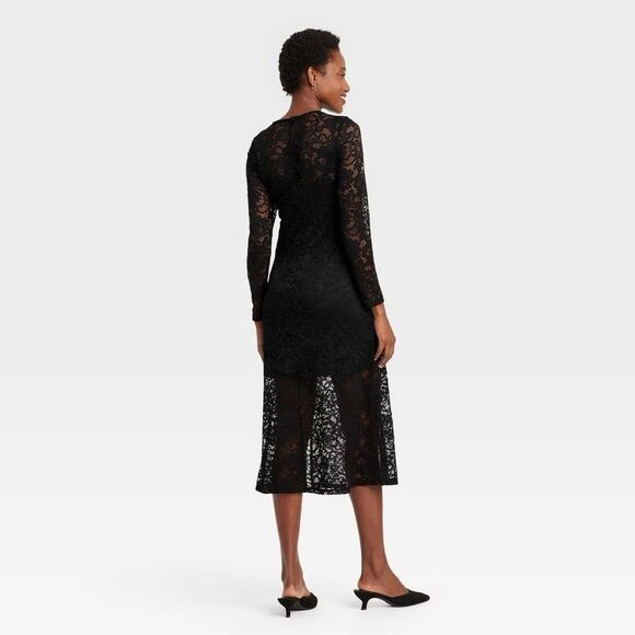 Women's Long Sleeve Midi Lace Dress - A New Day Black Lace NWT Extra Small xS - Picture 2 of 5